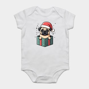 Pug In Present Dog Christmas Festive Santa Hat Baby Bodysuit